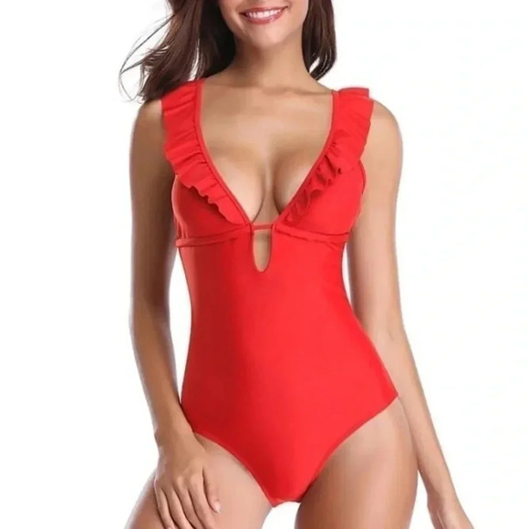 SHEKINI Ruffles Back Criss Cross One Piece Swimsuit Red Size Small - Picture 1 of 8
